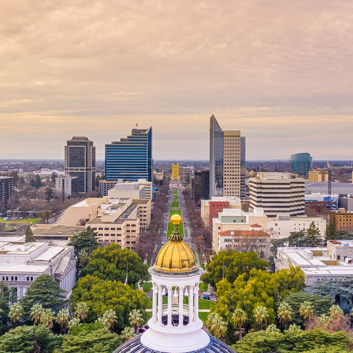 Aerial view of the California State Capitol and downtown Sacramento skyline